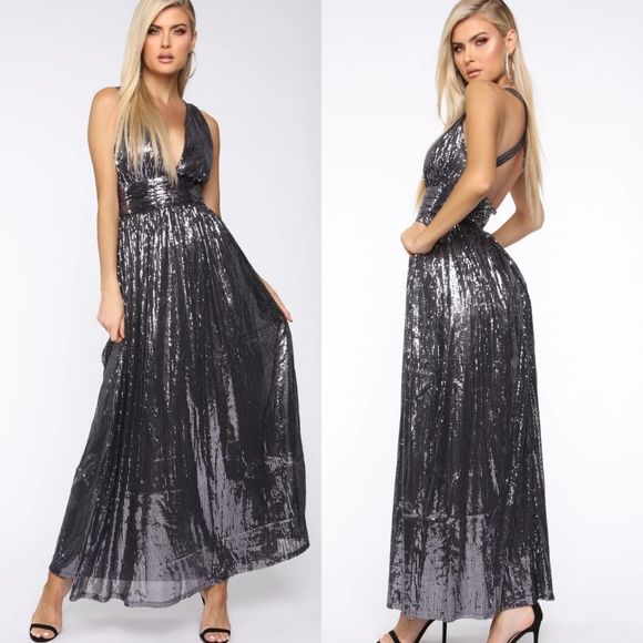 Fashion Nova Dresses Nwt Fashion Nova Plunge Gunmetal Sequin Dress
